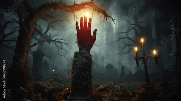 Fototapeta The Macabre Resurrection: Zombie Hand in a Spooky Graveyard at Night.