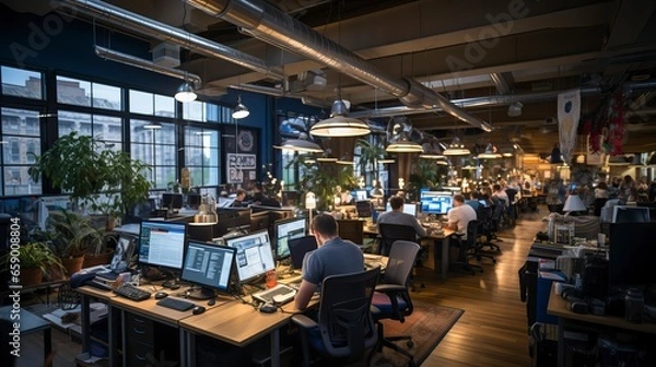 Fototapeta A bustling open office filled with programmers and designers.