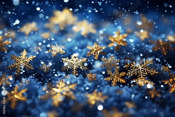 Fototapeta 雪と金の雪の結晶の冬の背景
