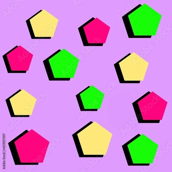 Fototapeta Yellow, red, and green pentagons with black shadows on purple background