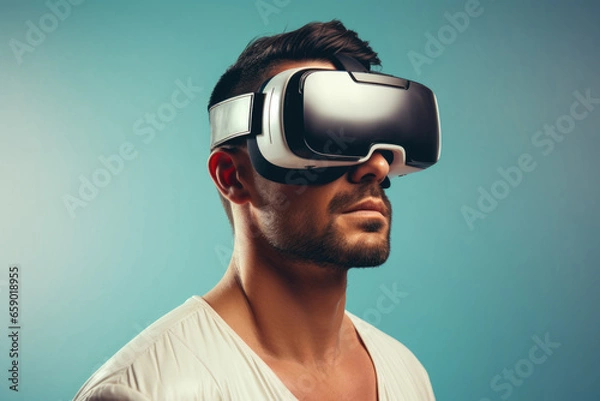 Fototapeta Portrait of an attractive man on the side wearing virtual reality goggles on a blue background.
