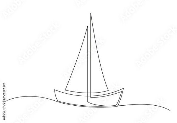 Fototapeta  Continuous one line drawing of sailboat. Isolated on white background vector illustration. Pro vector. 