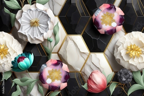 Fototapeta 3D marble texture ceramic seamless pattern geometric polygon with bright color flowers. 3D interior mural wallpaper for living room.