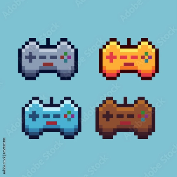 Fototapeta Pixel art sets of gamepad controller with variation color item asset. Simple bits of gold gamepad on pixelated style. 8bits perfect for game asset or design asset element for your game design asset.