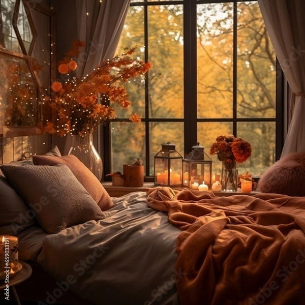 Obraz Autumn season in bedroom free photo, in the style of soft lighting, soft, romantic scenes, 