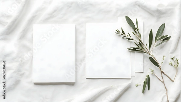 Fototapeta Minimalist style stationery mockup with a pile of blank invitation cards and fresh olive branches on a soft white linen background. Flat lay / AI top view.
