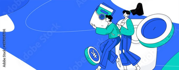 Fototapeta Holiday shopping people doing e-commerce online shopping flat vector concept operation hand drawn illustration
