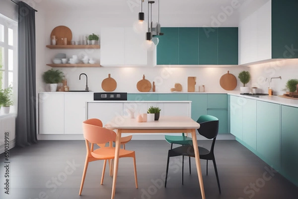 Fototapeta interior of a kitchen, living room, dining room, colorful, black, abandoned, industrial, white, blue, pink, yellow, wood, steel,