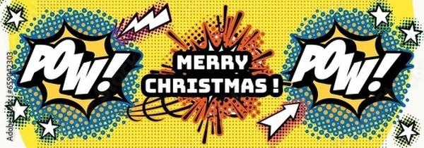 Fototapeta Merry Christmas horizontally pattern with comics elements, cartoon, cinema vintage, retro style. Graffiti, graphic, collage design