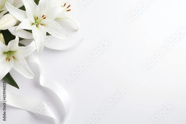 Fototapeta White lily bouquet with ribbon on white background.Funeral Concept