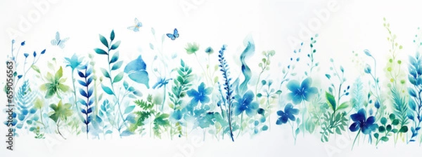 Fototapeta WATERCOLOR ABSTRACT BACKGROUND WITH FLOWERS, HORIZONTAL IMAGE. image created by legal AI