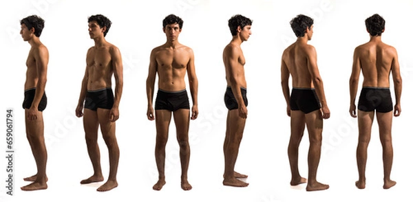 Fototapeta Multiple views of athletic shirtless young handsome man: back, front and profile shots, full length, isolated on white background in studio