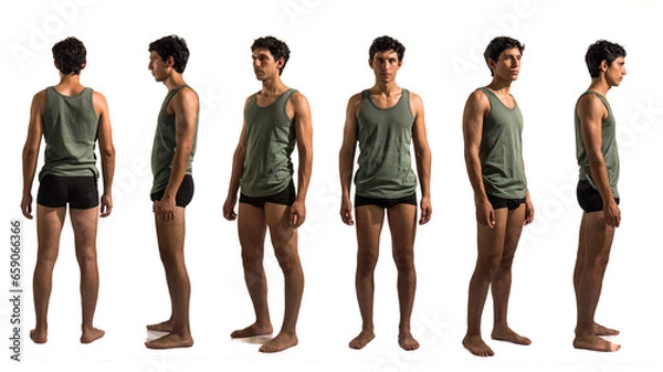 Fototapeta Multiple views of athletic young handsome man: back, front and profile shots, full length, isolated on white background in studio