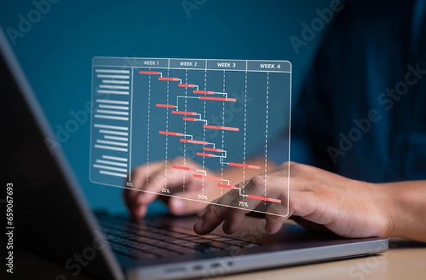 Obraz Project management concept. Site manager working with Gantt chart schedule for plan tasks and progress by Planning software. Corporate strategy for construction, finance, operations, and marketing.
