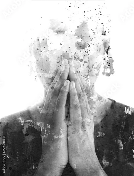 Fototapeta A conceptual paintography portrait disappearing into white background