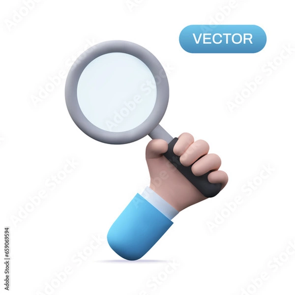 Fototapeta 3d hand with magnifying glass icon. Hand Holding Big Magnifying Glass Lens. Search concept. Vector magnifier illustration