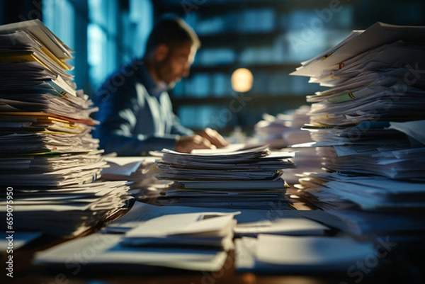 Fototapeta a man hard working with a lot of paper on work table