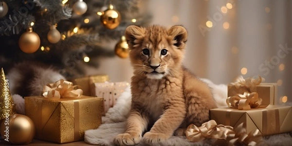 Fototapeta "Roaring Joy: A Lion Cub's Christmas Delight" | Background Design | Holiday Season | AI Generated Artwork