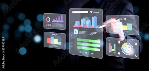Obraz Businessman using a laptop with Analytics and Data Management Systems  Analyst working in Business Analytics and Data Management Systems to make reports and corporate strategy for finance, operations