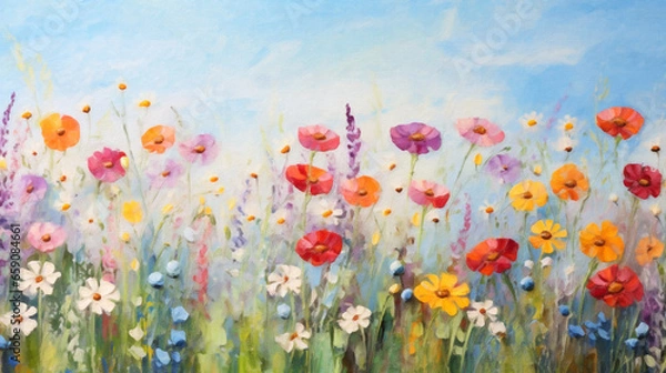 Obraz Oil painting illustration of lush blooming summer meadow with colorful wildflowers, impressionism, beautiful artistic image for wallpaper, art print, background design, canvas texture