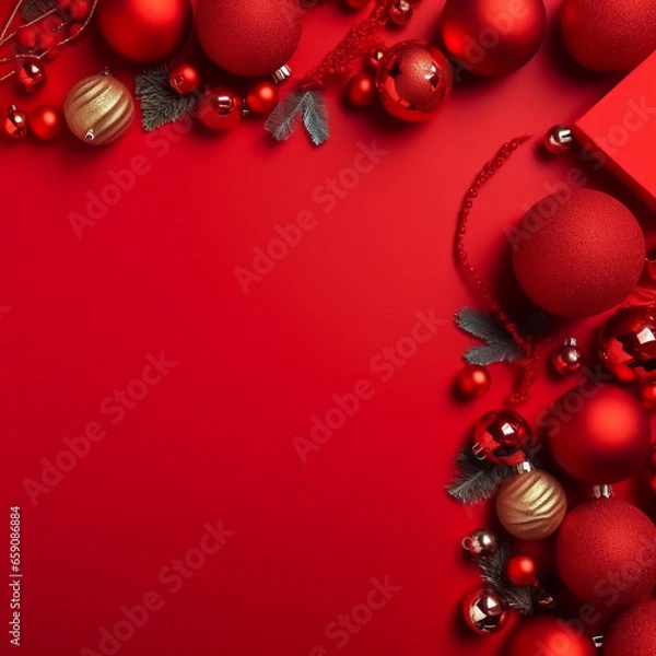 Fototapeta red christmas balls on red background  Generative AI 