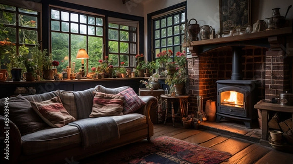 Fototapeta A charming country cottage with a traditional hearth, where a cat and dog share a cozy spot on a patchwork quilt, gazing at the dancing flames