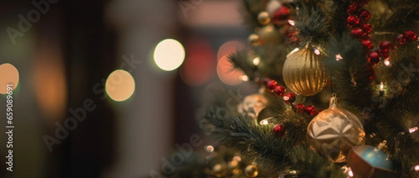 Fototapeta Fragment of a festively decorated Christmas tree with a blurred bokeh of lights in the far background
