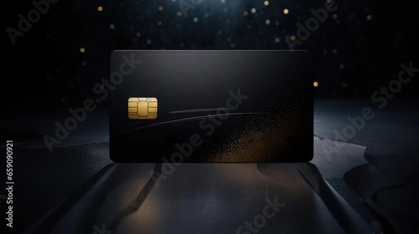Fototapeta black and gold credit card, set against a stylish minimalistic background, exudes luxury and sophistication. With no numbers, it represents the pinnacle of exclusive finance and payment options
