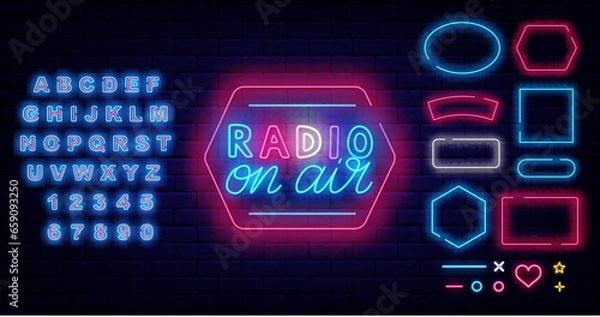 Obraz Radio on air neon sign. Streaming label. Online streaming concept. Geometric frames collection. Vector illustration