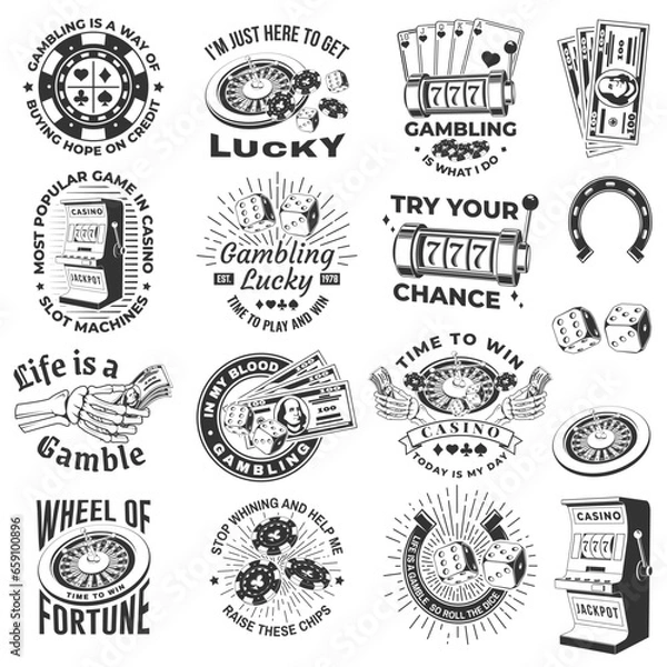 Fototapeta Set of gambling vintage print, logo, badge design with wheel of fortune, two dice, skeleton hand holding dollar, poker playing card, casino chips, slot machines and horseshoe silhouette. Vector