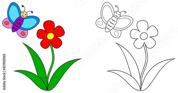 Obraz Cartoon butterfly with flower colorful and line. Coloring book page for children. Colored and outline  butterfly with flower illustration isolated on trabsparent background. Game for kids.