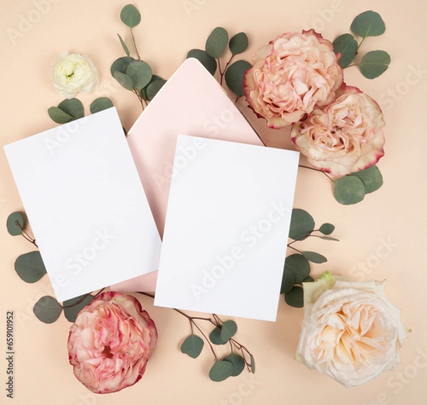 Fototapeta Flat lay with two blank stationery invitation cards and pink envelope and fresh roses and eucalyptus