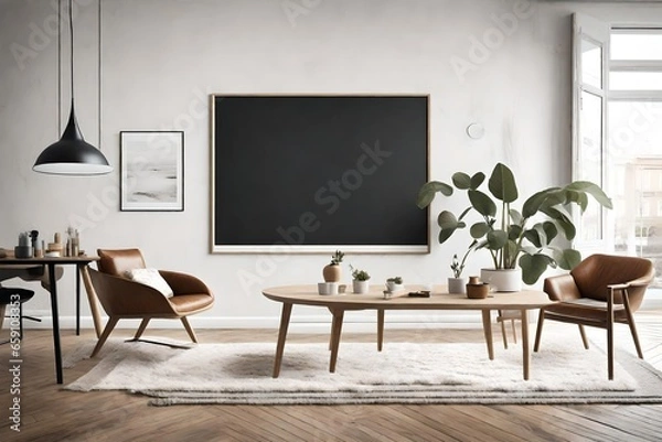 Fototapeta The essence of Scandi-style comes alive within a hipster interior backdrop. A mock-up poster frame, embodying the clean lines and simplicity of Scandinavian design, stands as a focal point
