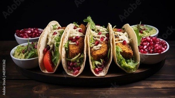 Fototapeta  a plate of fish tacos with lettuce and pomegranates.  generative ai