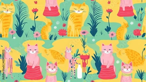 Fototapeta  a pattern of cats sitting in a garden with flowers and plants.  generative ai