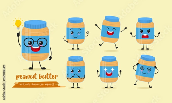 Obraz cute peanut butter cartoon with many expressions. food different activity pose vector illustration flat design set.