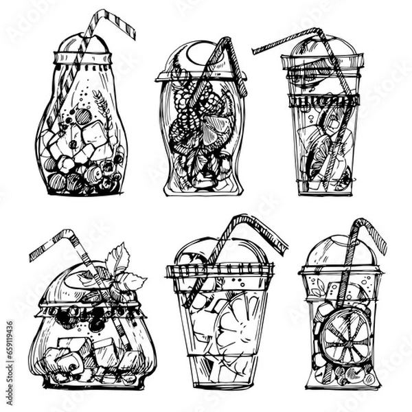 Fototapeta Graphic, linear drawing of a plastic glass with a cocktail. A soft drink. Cocktail with ice, iced tea. Fruit juice. Black-white glass with a straw. Transparent plastic cocktail glass.tumbler with cock