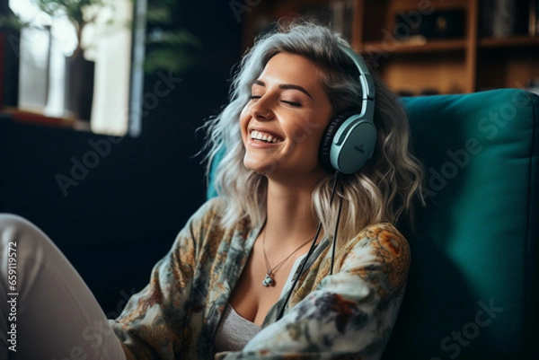 Fototapeta "pink haired woman with nose piercing enjoy and listening music in home sofa"
