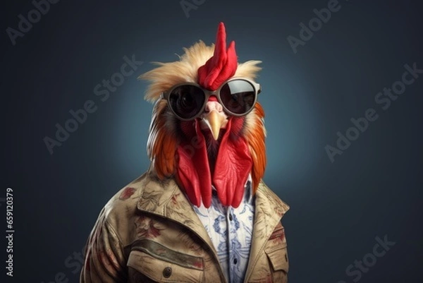 Fototapeta A studio portrait of a funky rooster wearing a colorful leather jacket , aviator sunglasses on a seamless grey background, copy space for text.