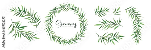 Fototapeta Green watercolor leaves design elements. Palm tree leaves wreaths, greenery leafy branches. Holiday, wedding invite decoration. Editable vector illustration. Elegant green color stylish set collection