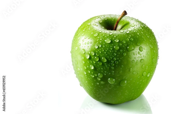 Fototapeta Fresh Green Apple with Water Drops Closeup for Healthy Snacking on white background