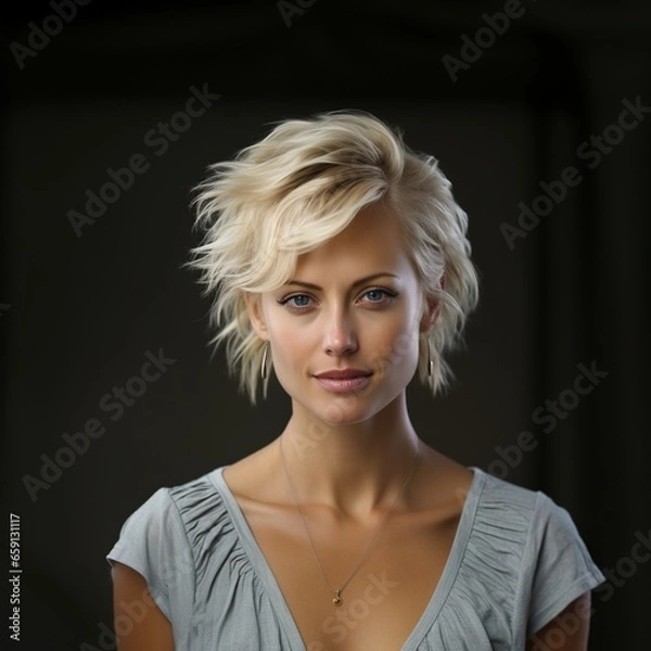 Obraz short haired blonde Caucasian woman with perfect skin dressed in grey isolated in grey background copy-space