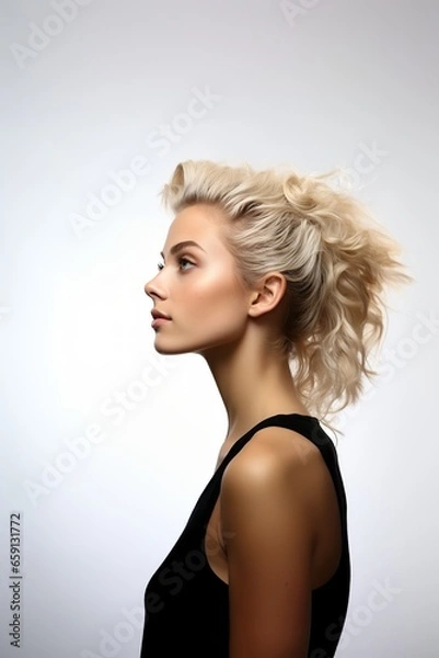 Obraz Side shot of a beautiful Caucasian woman with blond hair dressed in black looking to an isolated side on a white background copy-space