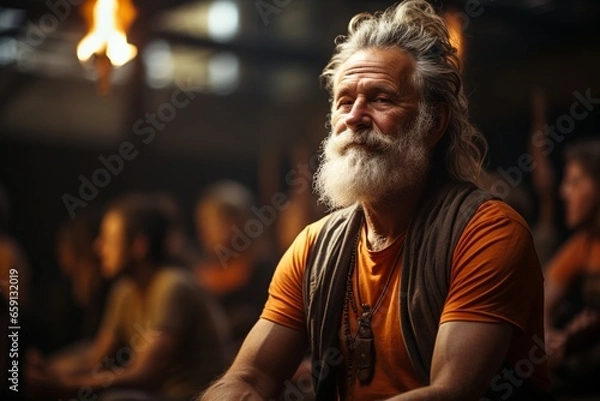 Obraz Caucasian man with long beard and hair listening to a spiritual talk in a crowded room