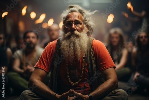 Obraz guru with glasses listening to a spiritual talk in a crowded room