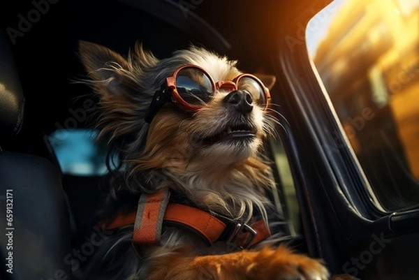Obraz Puppy with round sunglasses enjoying car trip