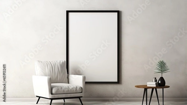 Fototapeta  a chair and a table in a room with a picture frame on the wall.  generative ai