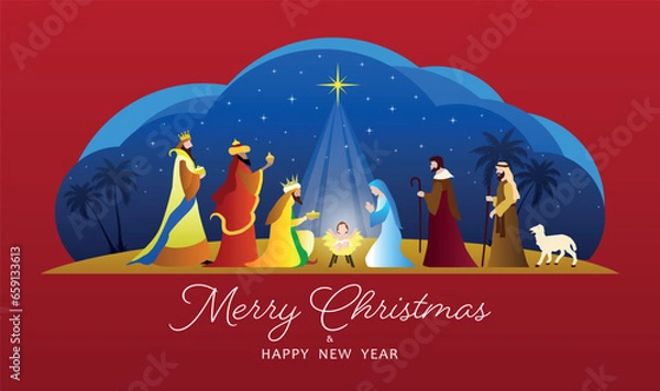 Fototapeta Christmas Nativity Scene: The Adoration of Three Wise Men.