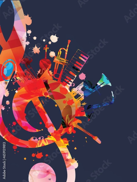 Obraz Colorful musical poster with G-clef, LP vinyl record disc and musical instruments vector illustration. Playful background for live concert events, music festivals and shows, party flyer