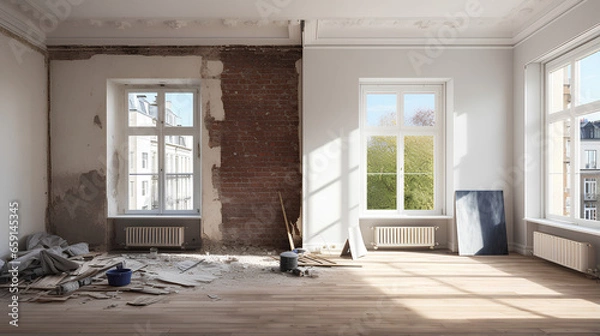 Fototapeta Renovated rooms with spacious windows and heating systems, both before and after the restoration process. Examination of the differences between an old apartment and a newly renovated residence. 